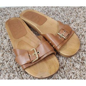 Zara Wooden Sole Slide Sandals Studded Buckle Size 38